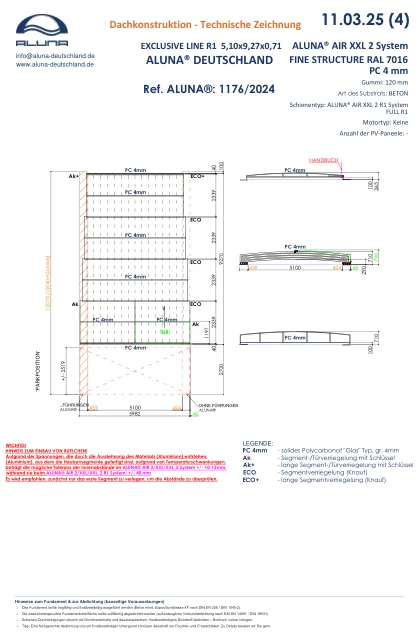 Aluna Exclusive Line R1 Flache Poolüberdachung 5,10 × 9,27 × 0,71 m – technische Zeichnung