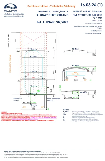 Aluna Comfort R1 Flache Poolüberdachung 3,65 × 7,30 × 0,70 m – technische Zeichnung
