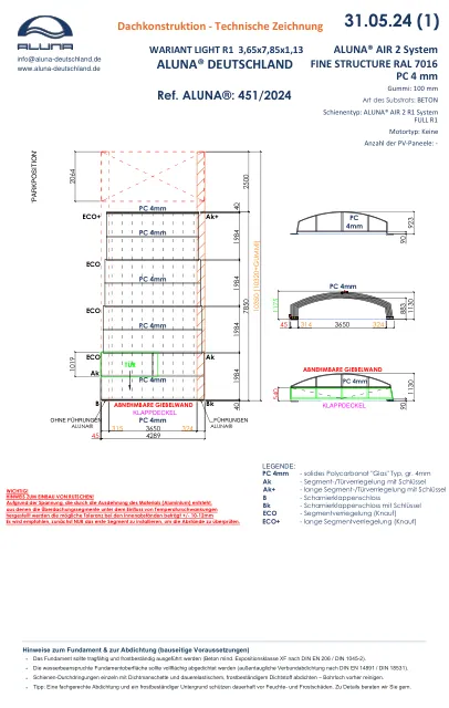 Aluna Variant Light R1 Poolüberdachung 3,65 × 7,85 × 1,13 m – technische Zeichnung