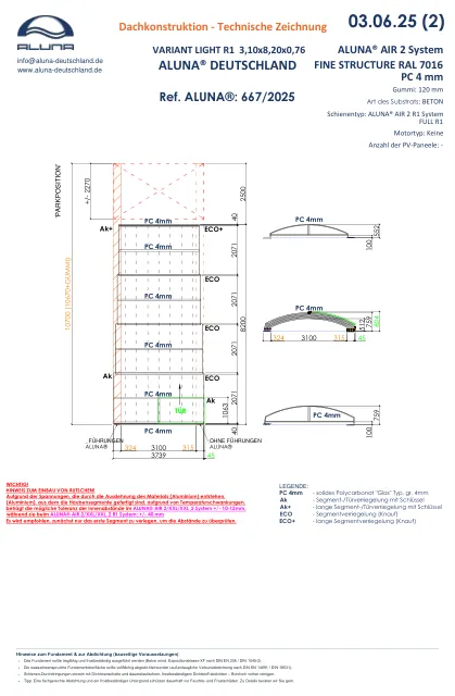 Aluna Variant Light R1 Flache Poolüberdachung 3,10 × 8,20 × 0,76 m – technische Zeichnung