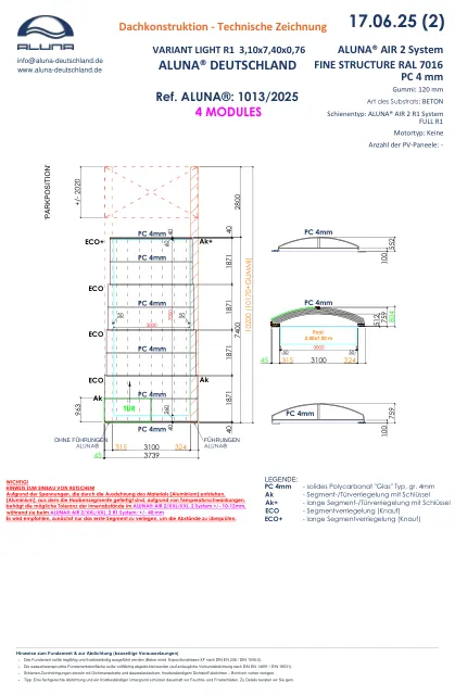 Aluna Variant Light R1 Flache Poolüberdachung 4 Module × 0,76 m – technische Zeichnung