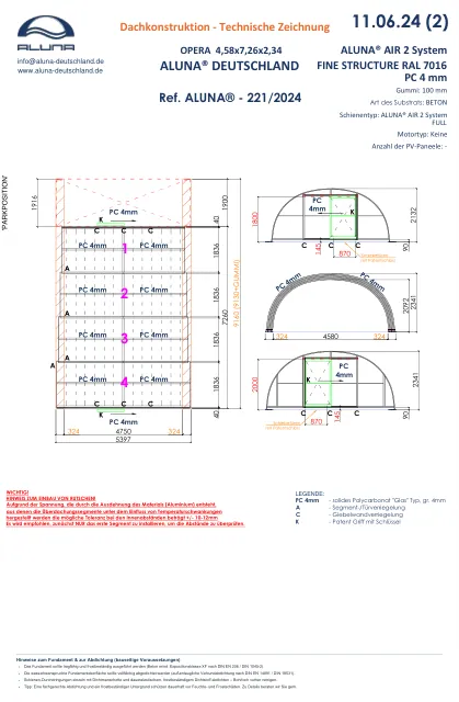Aluna Opera Poolhalle 4,58 × 7,26 × 2,34 m – technische Zeichnung
