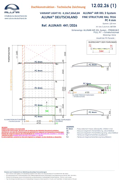 Aluna Variant Light R1 Flache Poolüberdachung 4,10 × 7,60 × 0,84 m – technische Zeichnung