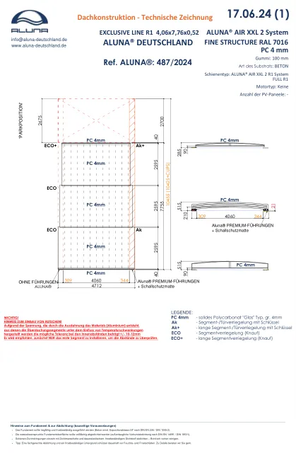 Aluna Exclusive Line R1 Flache Poolüberdachung 4,06 × 7,76 × 0,52 m – technische Zeichnung