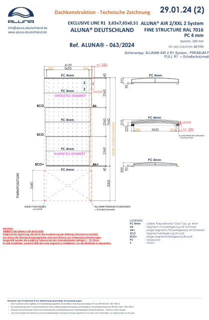 Aluna Exclusive Line R1 Flache Poolüberdachung 3,65 × 7,65 × 0,51 m – technische Zeichnung