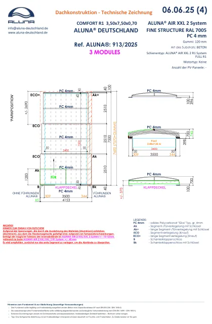 Aluna Comfort R1 Flache Poolüberdachung 3 Module × 0,70 m – technische Zeichnung