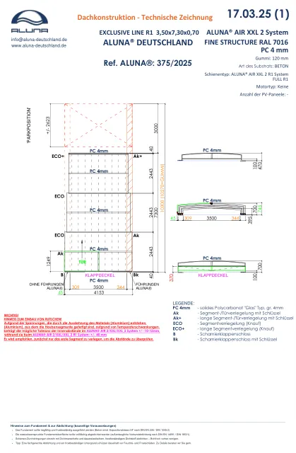 Aluna Exclusive Line R1 Flache Poolüberdachung 3,50 × 7,30 × 0,70 m – technische Zeichnung