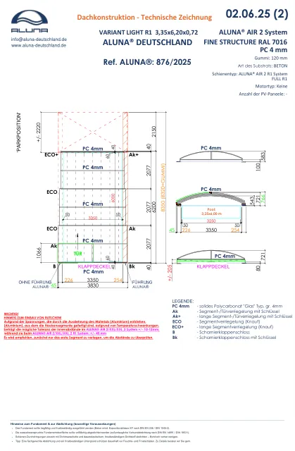 Aluna Variant Light R1 Flache Poolüberdachung 3,35 × 6,20 × 0,72 m – technische Zeichnung