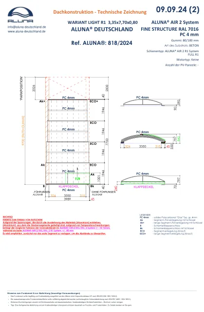 Aluna Variant Light R1 Flache Poolüberdachung 3,35 × 7,70 × 0,80 m – technische Zeichnung