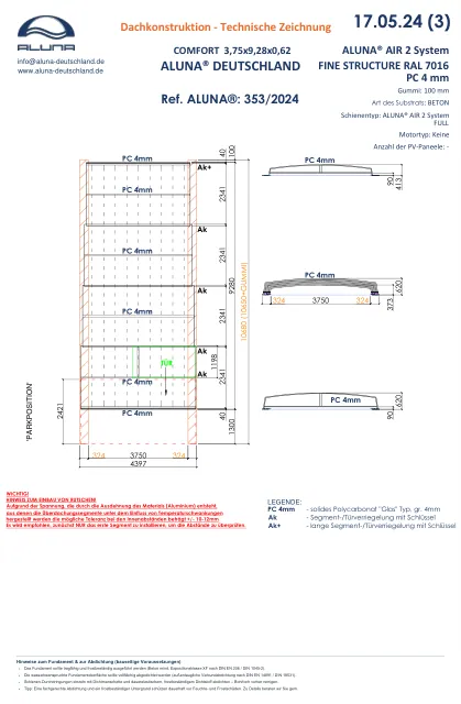 Aluna Comfort R1 Flache Poolüberdachung 3,75 × 9,28 × 0,62 m – technische Zeichnung