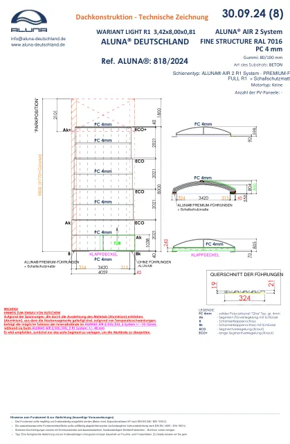 Aluna Variant Light R1 Flache Poolüberdachung 3,42 × 8,00 × 0,81 m – technische Zeichnung