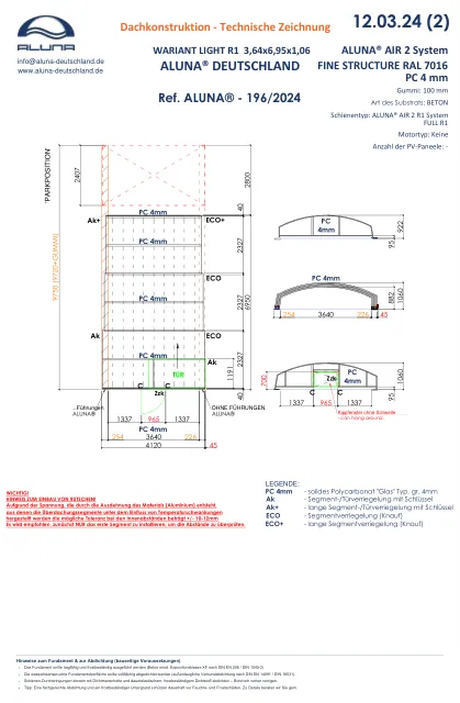 Aluna Variant Light R1 Poolüberdachung 3,64 × 6,95 × 1,06 m – technische Zeichnung